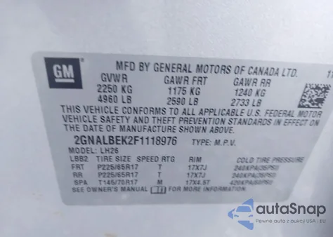 2015 Chevrolet Equinox 1Lt z USA, uszkodzony, nr VIN 2GNALBEK2F1118976